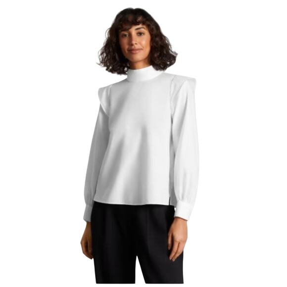 NWT EVERLANE Women white Wing Shoulder Bishop Sleeve Stand Collar Top - Picture 1 of 6